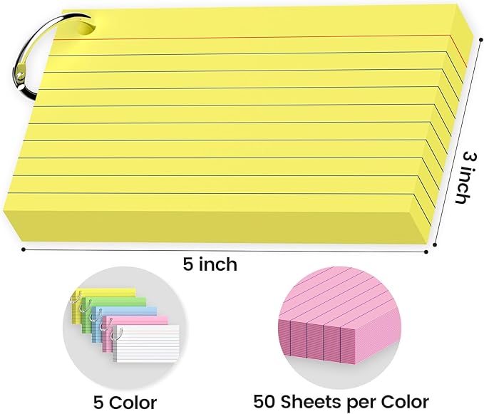 250-Pack Colored Index Cards 3x5 Inch w/Key Ring – 180gsm Heavyweight Flashcards – 5 Vibrant Colors Flash Cards (White Pink Blue Yellow Green) – Perfect for Study & Notes, Students School Supplies