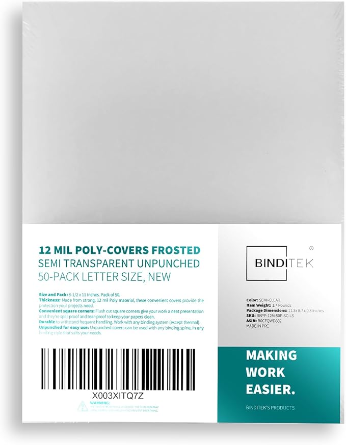Binditek 50 Pack 12 Mil Binding Covers, Frosted Polycovers, Semi-Transparent, 8-1/2 x 11 Inches, Lightly Textured Sand Finish, Square Corners, Unpunched