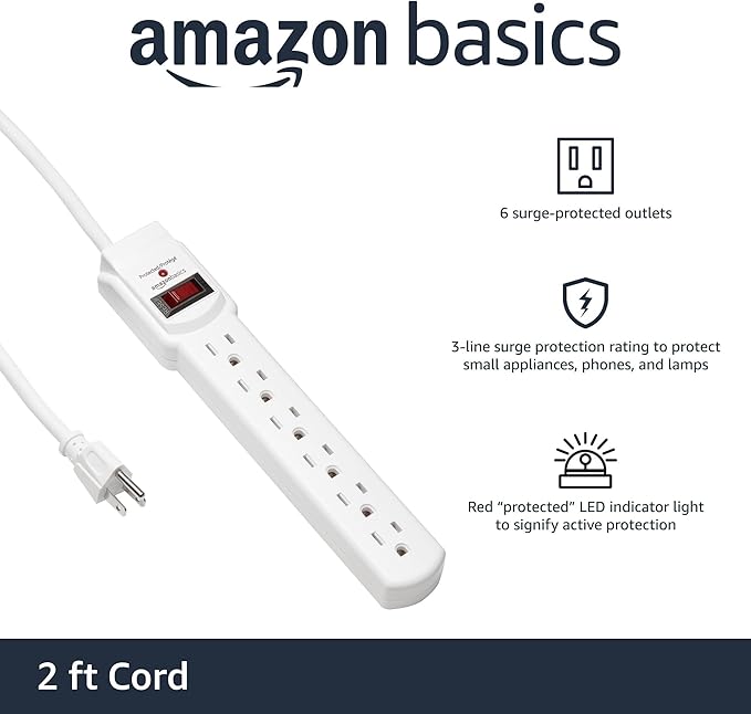 Amazon Basics Surge Protector Power Strip, 6-Outlet with 200J Protection, 2ft Extension Cord, Rectangle, White (20 Pack)