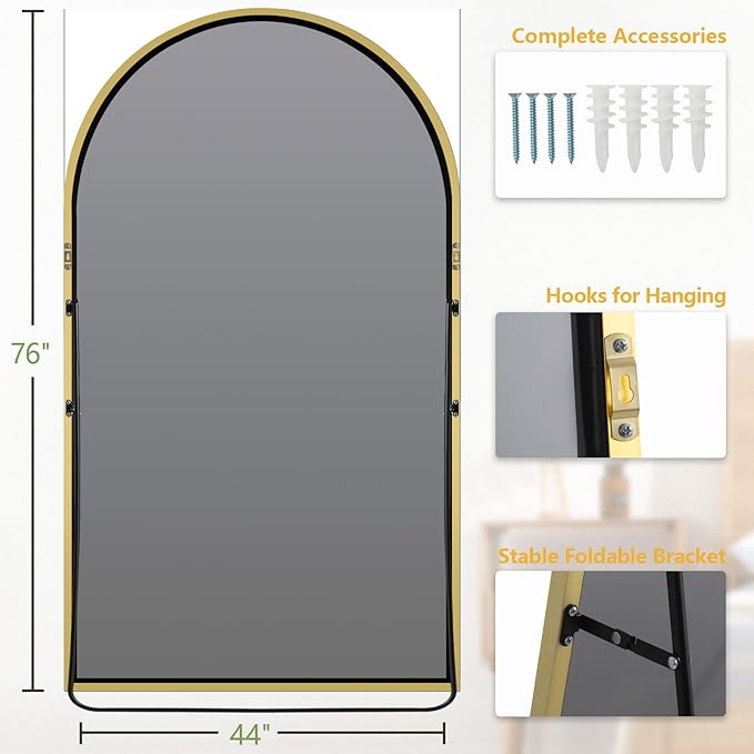 MELOMOIR 76"x44" Oversized Floor Mirror Freestanding, Arched Full Length Mirror for Bedroom Living Room Dressing Room Gym Yoga Hair Salon, Gold Mirror Full Length with Shatterproof Tempered Glass
