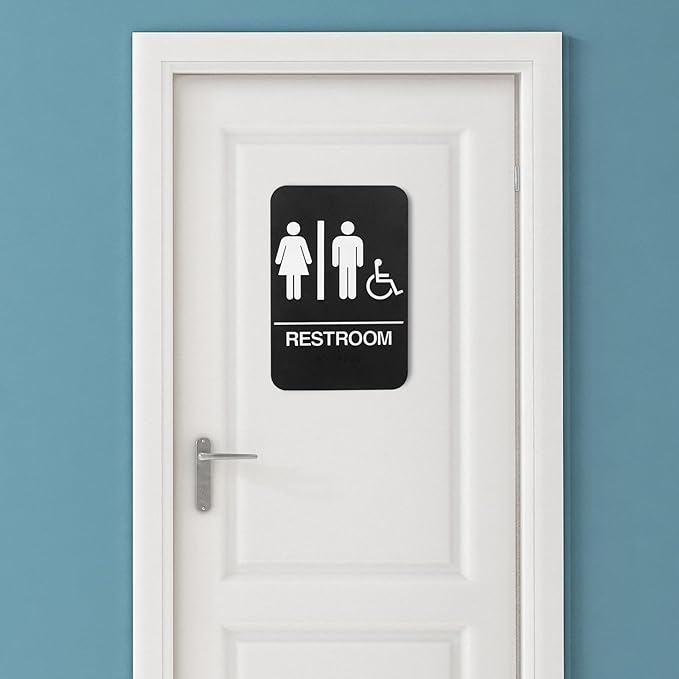 Self-Adhesive Business Restroom Sign,ADA Compliant Braille Unisex Bathroom Sign,Public Restroom Sign,Size: 9" X 6"(Unisex Handicap).