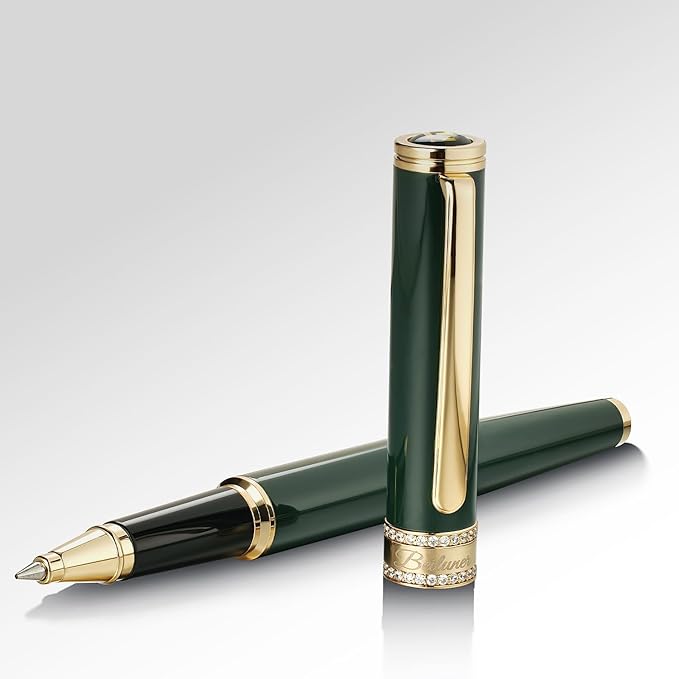BEILUNER Green Lacquer Rollerball Pen, Diamond-Studded Cap Design, 24K Gold Trim, Noble and Elegant, Schneider Ink Refill, Best Pen Gift Set for Women & Men, Professional, Business Office, Nice Pens