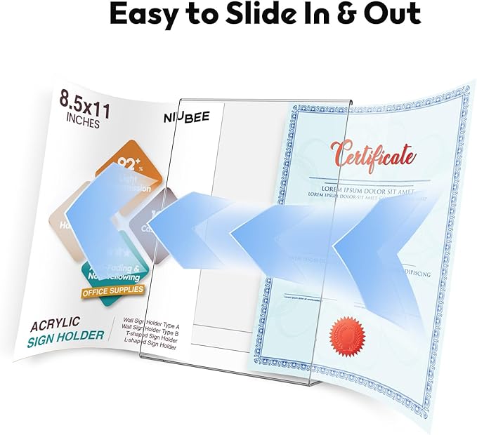 NIUBEE Acrylic Sign Holder 8.5 x 11 Inches Slanted Back, Clear Plastic Sign Holder Paper Display Table Stand for Office, Store, Restaurant (10 Pack)