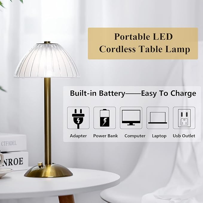 Liliful 1 Pcs LED Portable Cordless Table Lamp Touch Battery Operated Rechargeable Gold Desk Lamp 3 Color Dimmable for Bedroom Living Room Dining (Gold,Mushroom Style)