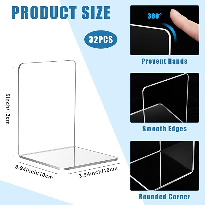 Maitys 32 Pcs Plastic Book Ends Bulk Clear Acrylic Bookends for Shelves Decorative Book Organizer Heavy Duty Holder Office Stoppers Bookshelf Desktop Decor for Movies, CDs, Video Games
