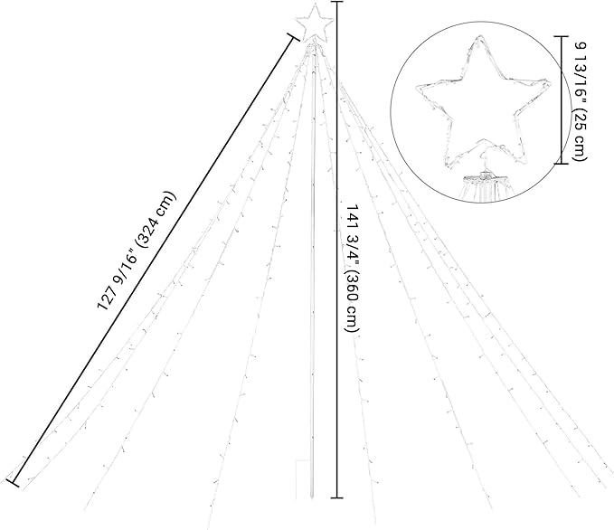 Yescom Cold White 12FT LED Waterfall Cone Tree Light with Star Finial 9 Strings 362 LED Star Lights Christmas Decoration Party Yard Outdoor