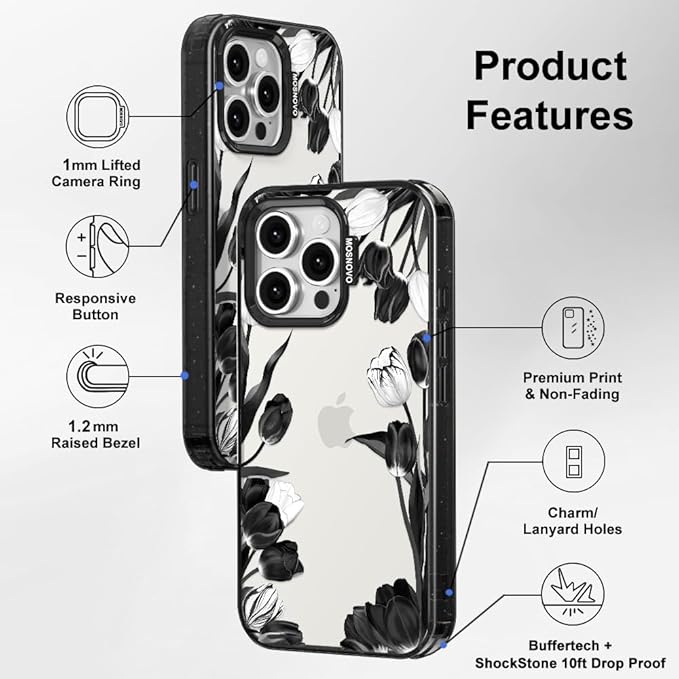 MOSNOVO Case for iPhone 15 Pro Max, [10ft 4X Military-Grade Drop Protection] Durable & Shockproof Phone Case Cover Design for iPhone 15 Pro Max - Black White Tulips - Clear Black