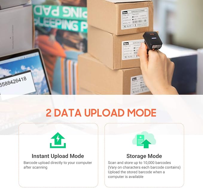 Tera 1D Wireless Barcode Scanner Compatible with Bluetooth, Printed Digital Barcode Reader Scanner Mini Wearable for Windows, Mac OS, Android with Vibration Alert Model HW0011