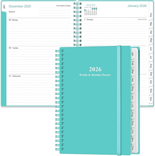 2026 Planner - A5 Weekly & Monthly Planner Spiral Bound, January 2026 - December 2026, with Flexible Cover, Tabs, Inner Pocket, 6.4" x 8.5", Teal