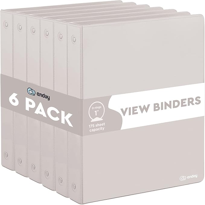 3 Ring Binder Grey, 1 Inch, 1” Clear View Cover with 2 Inside Pockets Round Ring Binder, Colored School Supplies Binders, Also Available in Pink, Blue, Purple, Green, and Red (6 PC) – by Enday