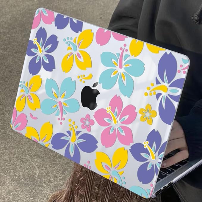 for MacBook Air 13.6 inch Case 2025 M4 A3240 2024 M3 A3113 2022 2023 A2681 M2 Chip, Crystal Plastic Pattern Hard Shell Case Cover for Mac Air 13 M4 2025 Touch ID, Colorful Hibiscus Flower