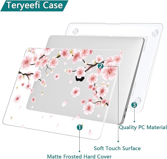 Teryeefi MacBook Pro 13 Case 2022 2021 2020-2016 Model M2 M1 A2338 A2289 A2251 A2159 A1989 A1706 with Touch Bar Touch ID, Plastic Hard Cover Shell + Keyboard Skin Screen Protector, Cherry Blossoms