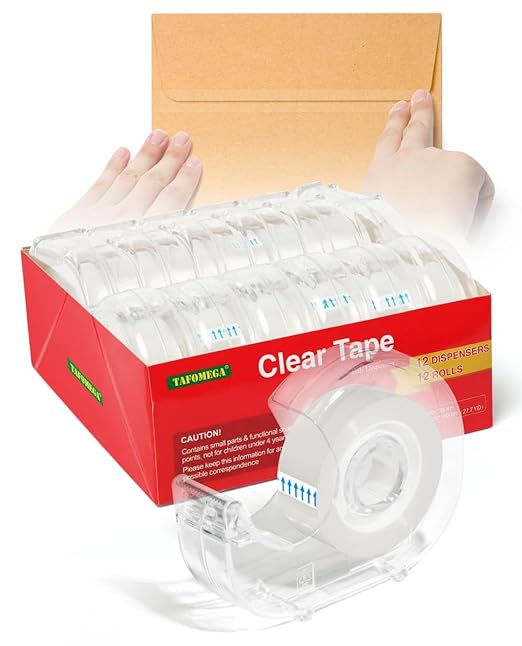 Clear Tape Rolls-12 Pack Transparent Tape Bulk with Dispensers-7/10 X 1000 Inches Glossy Office Tape for School Store