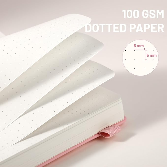 CAGIE Bullet Dotted Journal Notebook 320 Pages 100 GSM Paper Hardcover B5 Dot Grid Notebook Leather Journals for Writing Women Men Work Journaling, Pink