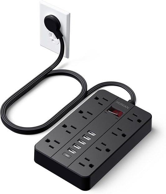 Power Strip with USB Ports, HUNIAN 5 Ft Extension Cord Flat Plug with 8 Outlets, 6 USB Charger(1 USB C Port), Indoor Desk Charging Station Surge Protector for Home and Office Accessories, Black