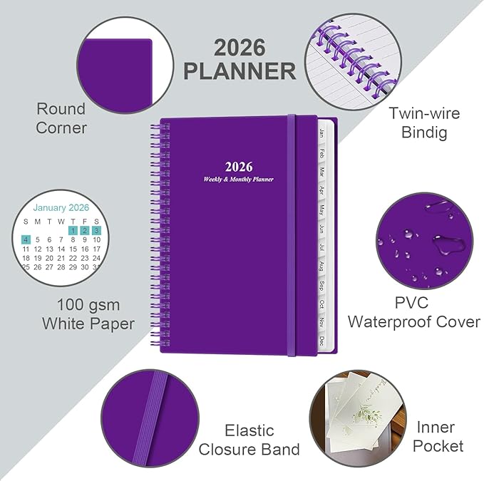 2026 Planner - Planner 2026 from January 2026 - December 2026, Weekly & Monthly Planners Spiral Bound with 12 Monthly Tabs, Inner Pocket, 6.4" x 8.5", Purple