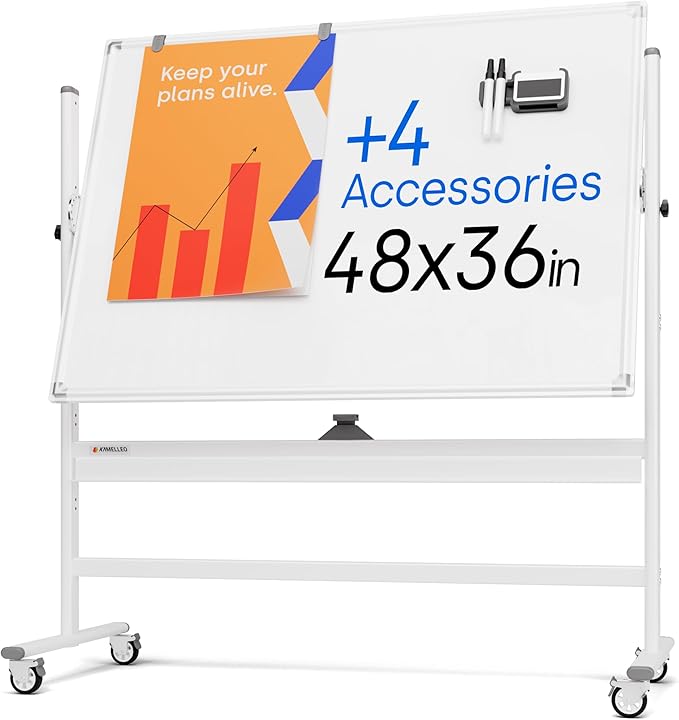 Rolling Dry Erase Board 48 x 36 - Large Portable Magnetic Whiteboard with Stand - Double Sided Easel Style Whiteboard with Wheels - Mobile Standing White Board for Office, Classroom & Home