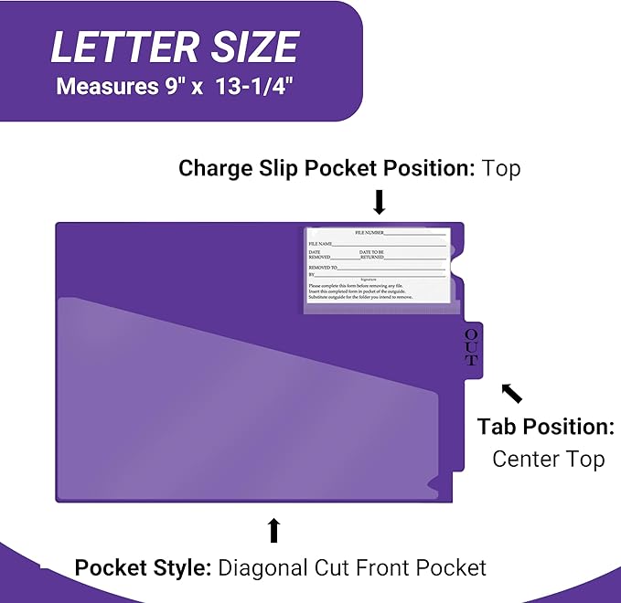Doctor Stuff - Center Tab Vinyl Outguides, Diagonal Cut Front Pocket, Top Charge Out Slip Pocket, Plastic File Folder, Letter Size 9" x 13-1/4", Purple, 25/Box