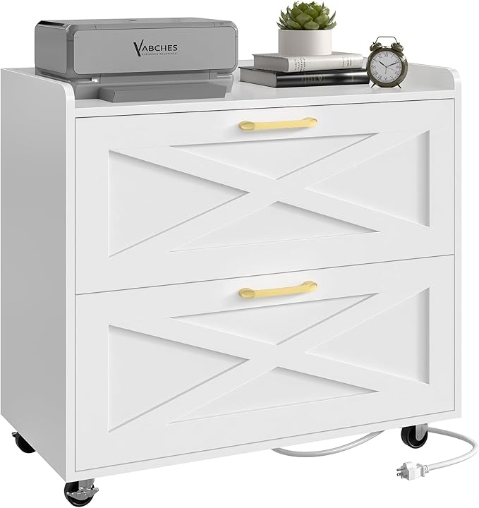 Lateral File Cabinet 2 Drawer Mobile File Cabinet with Charging Station for Legal/Letter/A4 Size Hanging Files, Modern Farmhouse Large Wood File Storage Cabinet for Home Office Furniture(Simple White)
