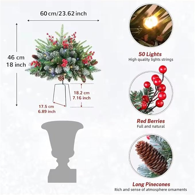 17.94" Prelit Planter Bushes Outdoor Christmas Tree with Lights, Pre-Lit Urn Filler Front Porch Decor with Pine Cones, Red Berries for Christmas Outdoor Holiday Home Decorations