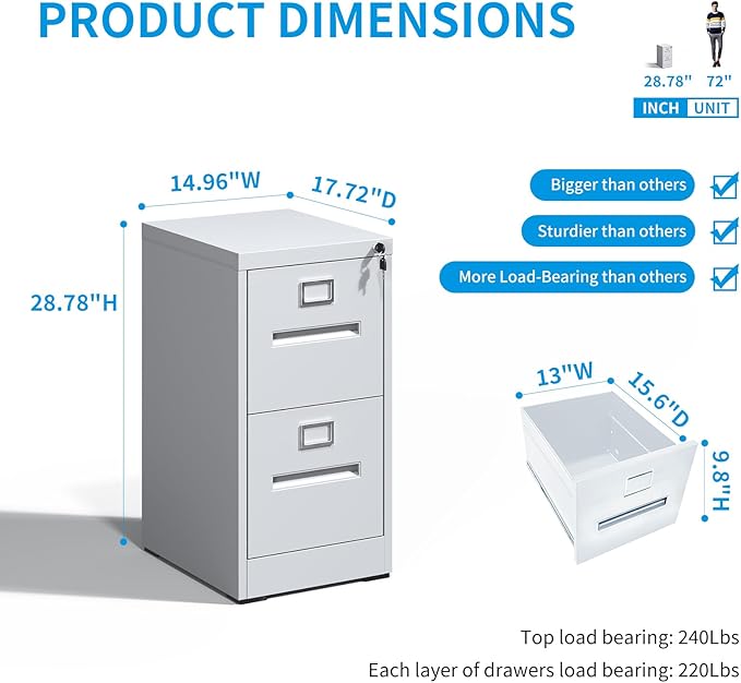 2 Drawer File Cabinet with Lock, Metal Vertical Filing Storage Cabinet for Home Office, Steel Vertical File Cabinets for Legal/Letter File Folders, Easy Assemble (White)