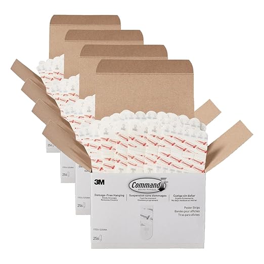 Command Poster Strips, Damage Free Hanging Poster Hangers, No Tools Wall Hanging Strips for Posters, 256 White Adhesive Strips (Pack of 4)