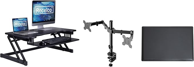 Rocelco 37.5" Deluxe Height Adjustable Standing Desk Converter with Dual Monitor Mount and Anti Fatigue Mat BUNDLE - Sit Stand Up Computer Workstation Riser - Keyboard Tray - Black (R DADRB-DM2-MAF)