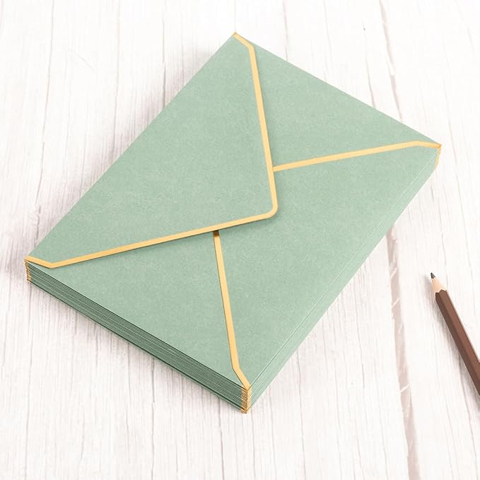 100 Pack A7 Envelopes 5 x 7 Card Envelopes V Flap with Gold Border for Office, Wedding Gift Cards, Invitations, Graduation, Baby Shower, Parties (Sage-Green, 5.32 x 7.28 Inches)