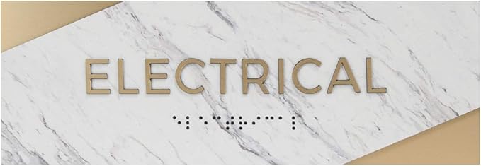 Electrical Sign with Braille/Small Business Easy Adhesive Mount Door And Wall Sign / 3" x 9" Light Marble Design
