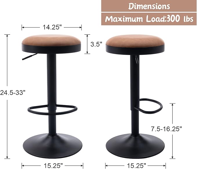 Round Swivel Counter Height Bar Stools Set of 1 Modern Adjustable Barstools Backless PU Leather Bar Chairs Industrial Island Chairs with Metal Base/Footrest for Kitchen Island/Pub/Bar, Brown