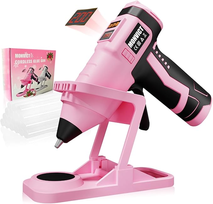 MONVICT 7.4V Cordless Hot Glue Gun with Holder Base, Digital Display Adjustable Temp, Smart Auto-Off, Silicone Pad, 2.6A Rechargeable Battery, Full Size Handheld Electric Power with 10 Glue Sticks