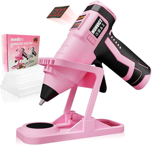 MONVICT 7.4V Cordless Hot Glue Gun with Holder Base, Digital Display Adjustable Temp, Smart Auto-Off, Silicone Pad, 2.6A Rechargeable Battery, Full Size Handheld Electric Power with 10 Glue Sticks