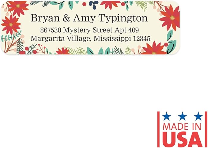 Ivory Holiday Floral Rolled Address Labels/Roll of 500 Personalized Return Address Labels/Designer Return Address Stickers in Elegant Plastic Dispenser