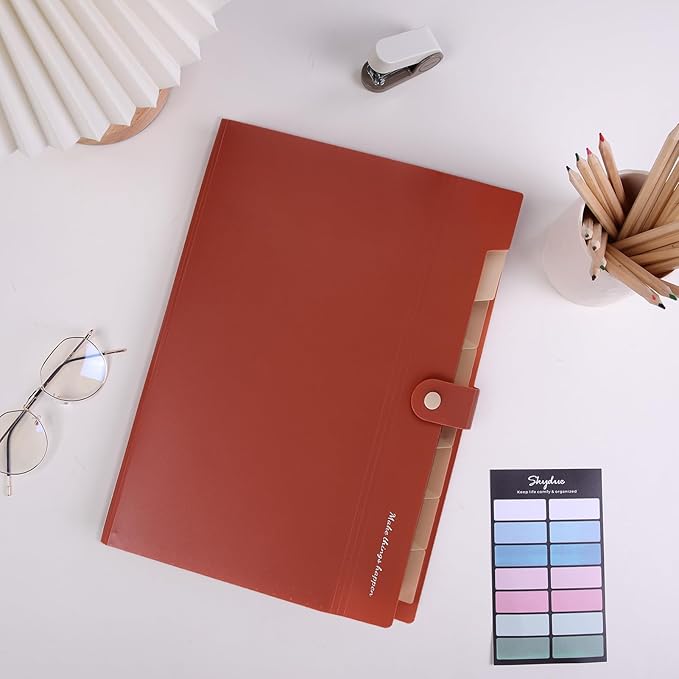SKYDUE File Folder with Labels, Accordion File Organizer with 8 Pockets, Portable Document Organizer, A4 Letter Size, Paper Organizer for Office, Brown