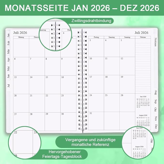 2026 Planner - Monthly Planner Runs January 2026 to December 2026, 6.25" x 8.25", 12 Monthly Tabs, 14 Notes Page, Inner Pocket, Flexible Cover with Twin-Wire Binding, Planners 2026, Green