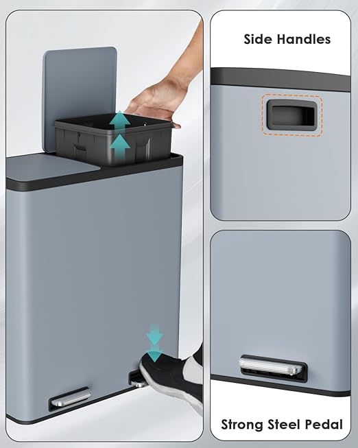 Arlopu 16 GallonStainless Steel Trash Can, 60L Dual Compartment, Metal Kitchen Step Recycle Bin, Metal Double Dustbin, in-Home Garbage Rubbish Can W/Removable Liner Buckets (Haze Blue)