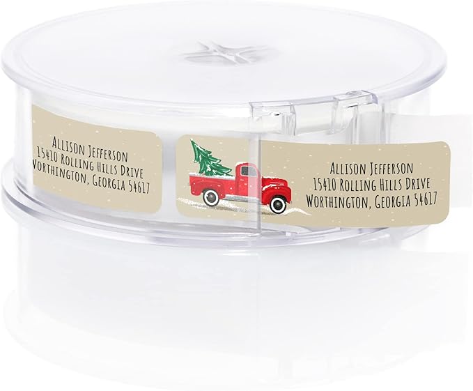 Red Holiday Truck Rolled Address Labels / 500 Personalized Return Address Labels/Designer Address Stickers in Elegant Plastic Dispenser