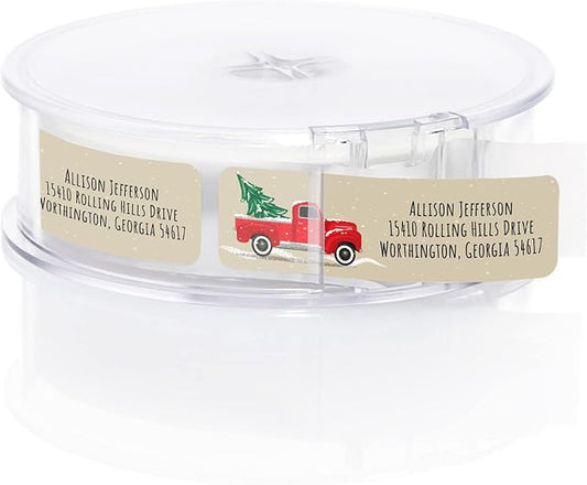 Red Holiday Truck Rolled Address Labels / 250 Personalized Return Address Labels/Designer Address Stickers in Elegant Plastic Dispenser