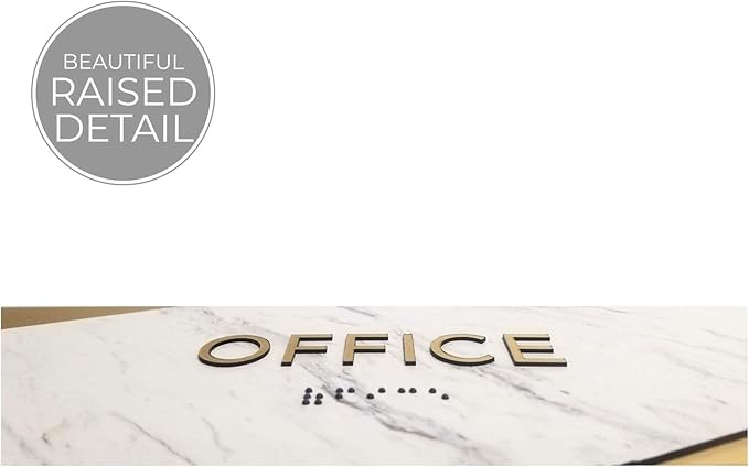 Office Sign with Braille/Small Business Easy Adhesive Mount Door And Wall Sign / 3" x 9" Light Marble Design