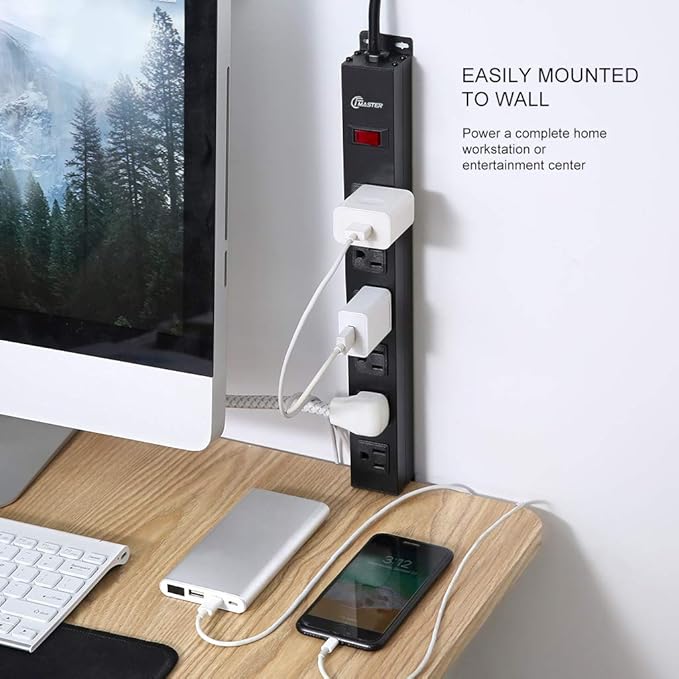 6 Outlet Heavy Duty Power Strip with Long Power Cord,Mountable Power Strip Without Surge Protector for Garage,Industrial,School and Home,15A 125V 1875W,ETL Approved and Listed,Black (8FT)