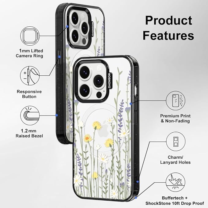 MOSNOVO Magnetic Case for iPhone 14 Pro, 10ft Military-Grade Protection, Compatible with Magsafe, Shockproof Phone Case for iPhone 14 Pro - Wild Meadow - Clear Black