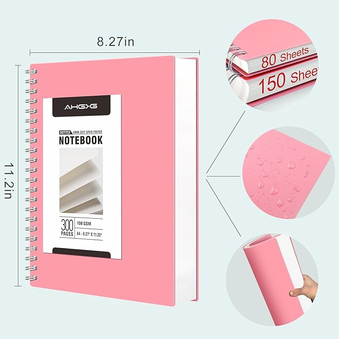 AHGXG Bullet Dotted Journal Spiral Notebook - Large A4 Dotted Notebook 8.5''×11'', 300 Pages Dot Grid Notebook, 100gsm Thick Paper, Plastic Hardcover, with Journal Stencils - Pink