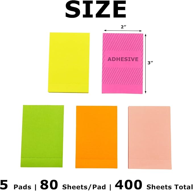 Full Adhesive Sticky Notes 3 x 2 in, Bright Colors, Colorful Small Sticky Notes Full Adhesive Back Self-Stick Note Pads for Office, School Supplies, 80 Sheets/Color, 5 Colors/Pack, 400 Sheets Total