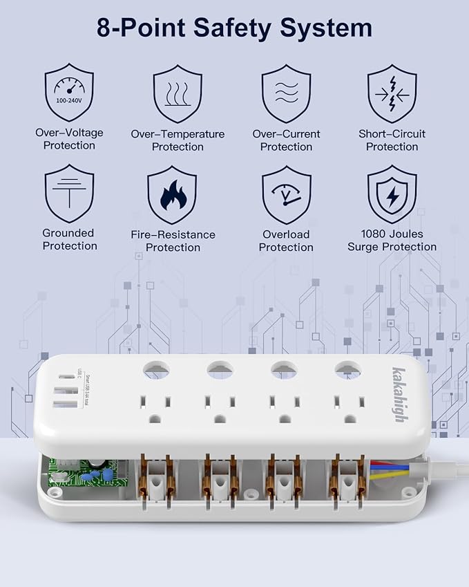 Appliance Extension Cord with Individual Switches on Off - 5 FT, 14 Gauge Heavy Duty Extension Cord with USB Ports, 8 outlets, High Wattage for Microwave, Workbench, Kitchen, Garage Must Have