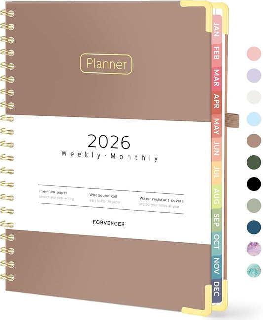 Forvencer 2026 Planner, Hardcover Calendar Planner Weekly and Monthly, January 2026 - December 2026, 8.5" x 11", Spiral Agenda Book with Tabs, Exquisite Daily Journal with Inner Pocket, Organizer Notebook for Office Home School, A4 Size, Brown