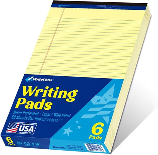 Legal Pad 8.5"x14" Note Pad,Wide Ruled Writing Pad,Canary Paper,6 Pack,50 Sheets Per Pad,Micro perforated Notepad,Made in the USA