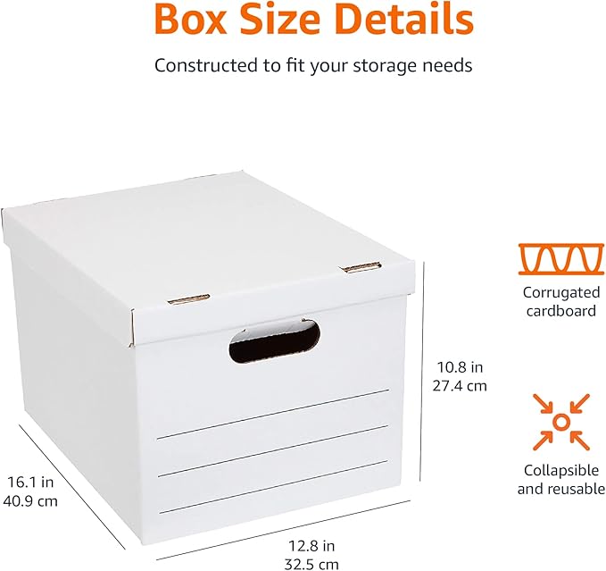 Amazon Basics Medium Duty Storage/Filing Boxes With Lid and Handles, Legal/Letter Size, 12-Pack, White, 16.2" L x 12.5" W x 10.5" H