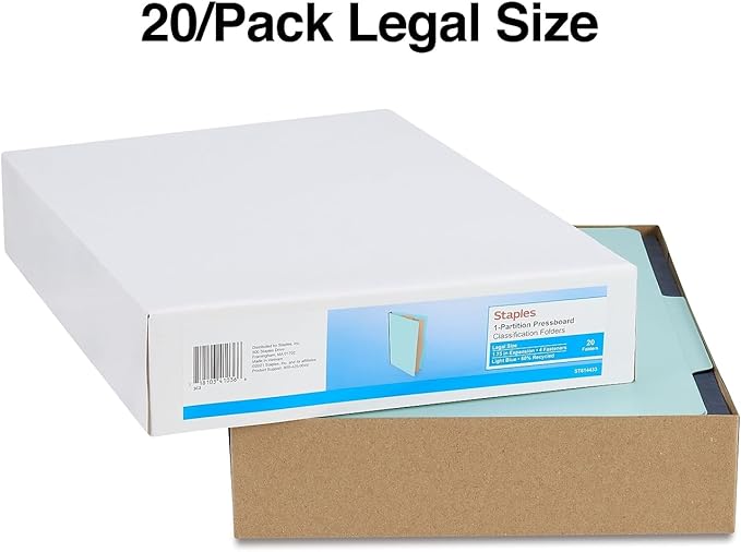 Staples Colored Pressboard Classification Folders, Legal, 1 Partition, Light Blue, 20/Pack