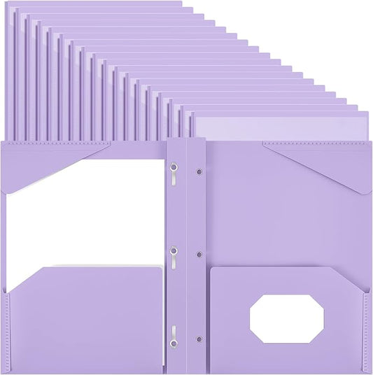 Henoyso 48 Pcs Plastic Folder with Clear Front Pocket and 3 Prongs Heavy Duty Plastic Folders with Card Slot Pocket Folders with Prongs for School Office Home(Light Purple)