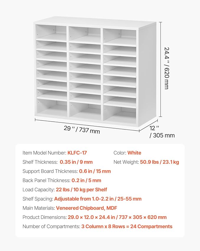 VEVOR Literature Organizer, 24 Compartments Office Mailbox with Adjustable Shelves, Wooden Mailbox Sorter Medium Density Fiberboard Office Home Classroom Storage for Files, Documents, Papers, White